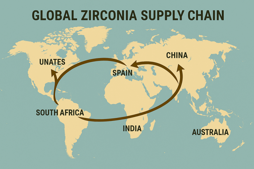 Global zirconia supply chain network showing key production centers and transportation routes