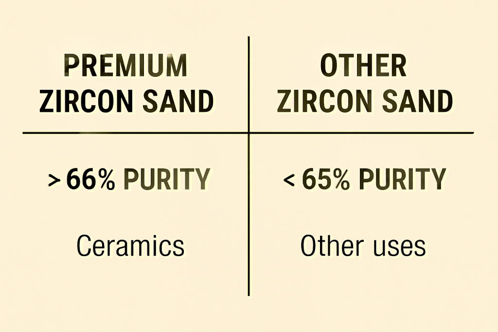 Side-by-side table comparing Zircon Sand grades: premium with over 66% purity for ceramics, other grades under 65% for miscellaneous uses.