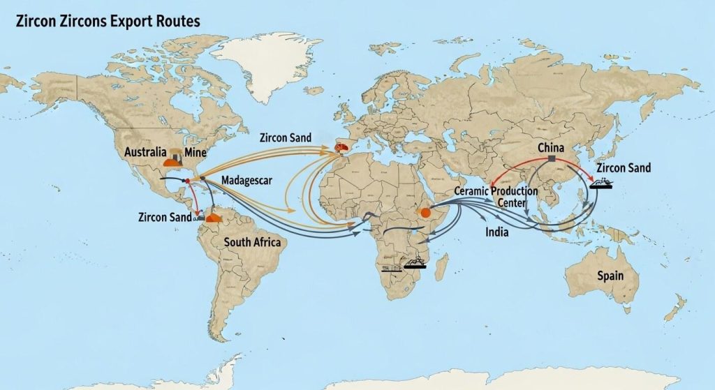 World map infographic showing key zircon sand export routes from mines in Australia, South Africa, Madagascar, India to ceramic production centers in China and Spain.