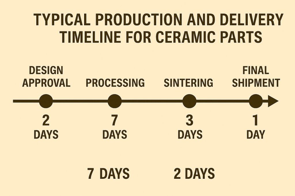 This timeline graphic shows the stages from design approval through tooling, sintering, testing, and final shipment for advanced ceramic parts.