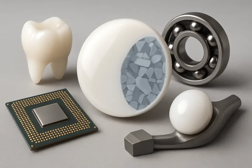 The image depicts technological innovations in zirconia research, illustrating advancements in material properties and their applications.
