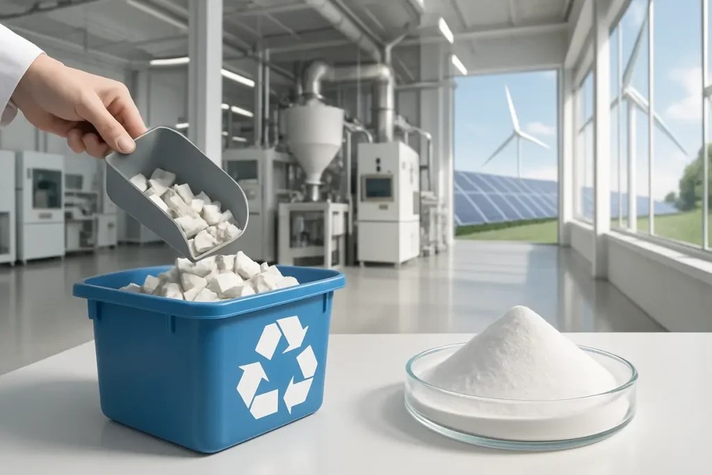 This image highlights sustainable practices in zirconia production, emphasizing eco-friendly sourcing and recycling methods.