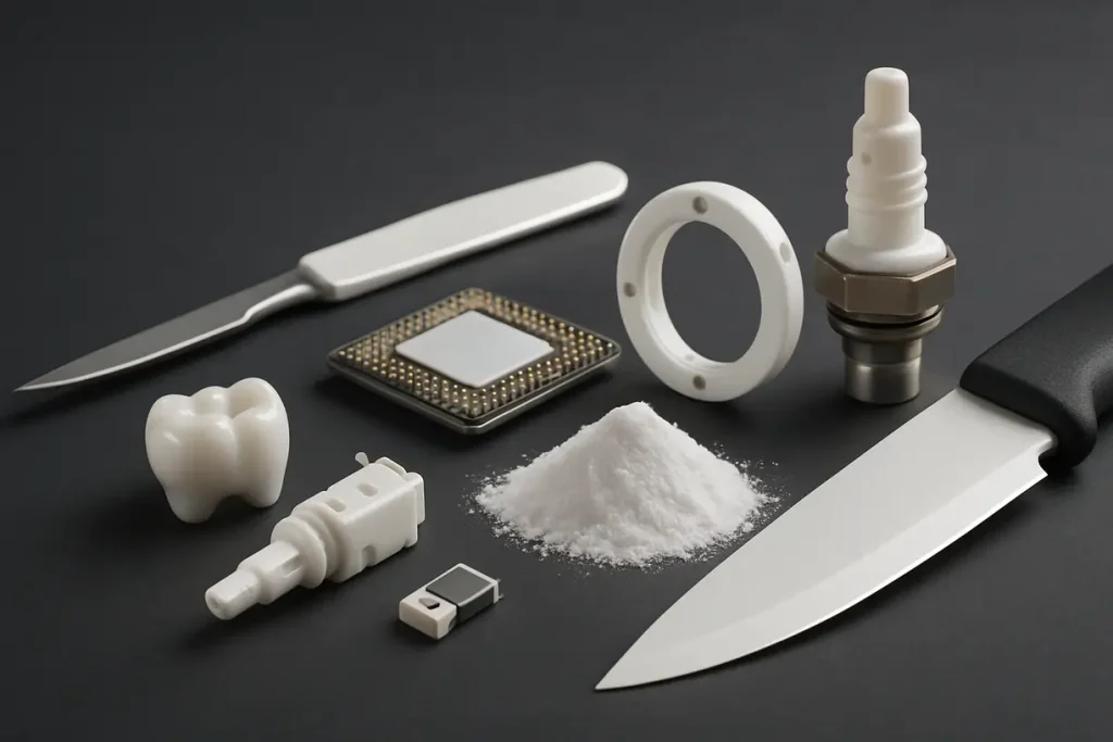 This image illustrates various applications of zirconia powder in multiple industries, showcasing its versatility and significance.