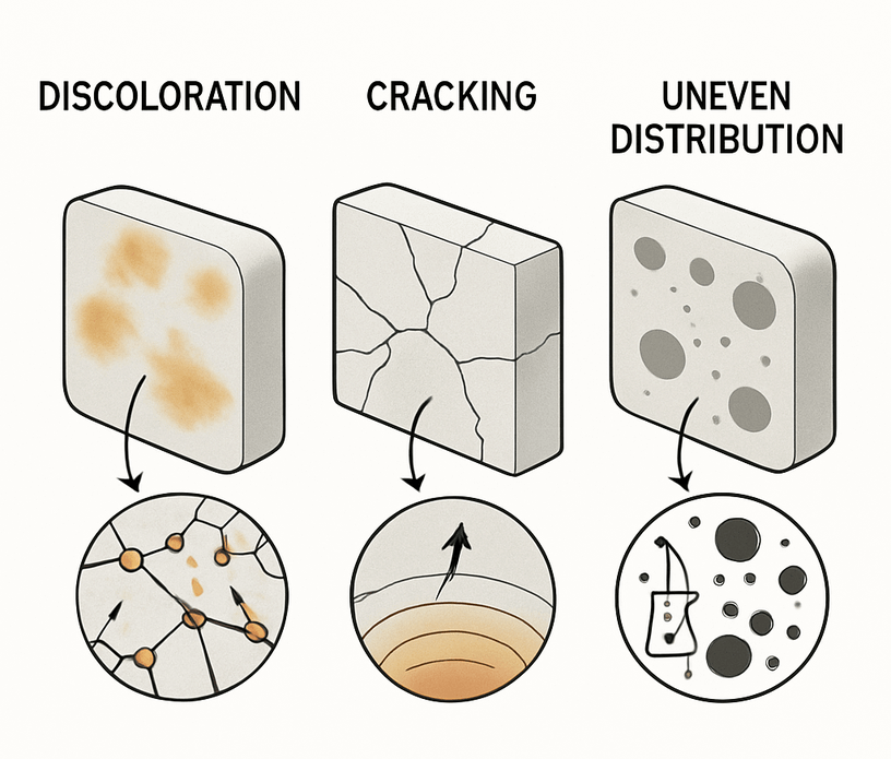 This image shows the most frequent defects in zirconium silicate products, including discoloration, cracking, and non-uniform particle distribution, with visual indicators to help identify root causes.
