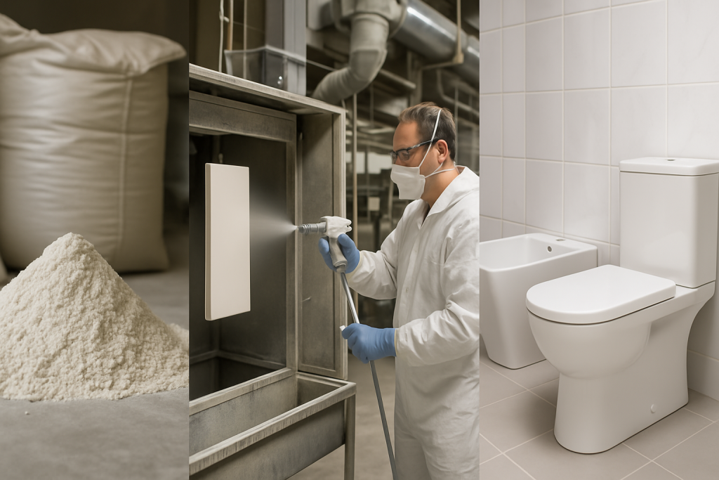Zirconium silicate powder in industrial ceramic production lines showing its usage in tiles and sanitary products.