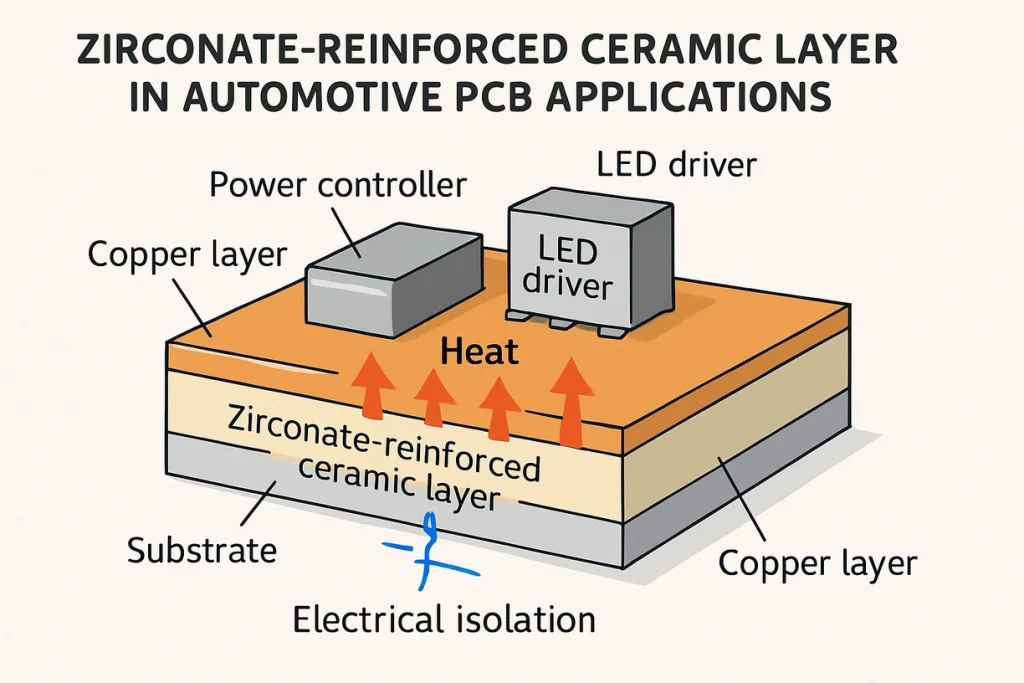 PCBs in automotive electronics leveraging zirconium silicate-enhanced ceramic layers.