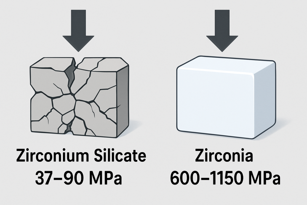 This chart compares the mechanical strength properties of zirconium silicate and zirconia, clearly showing the significant advantages zirconia offers in strength and toughness for structural applications.