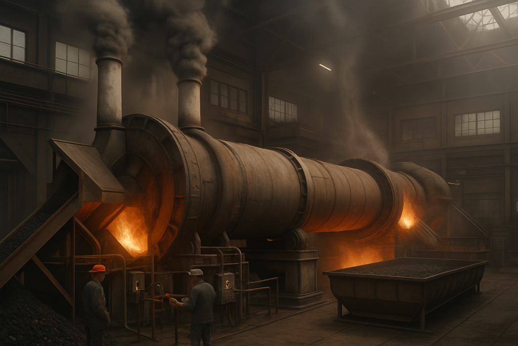 Legacy solid-state kilns used for zirconium silicate synthesis—highlighting scale, heat output, and inefficiency in traditional factories.