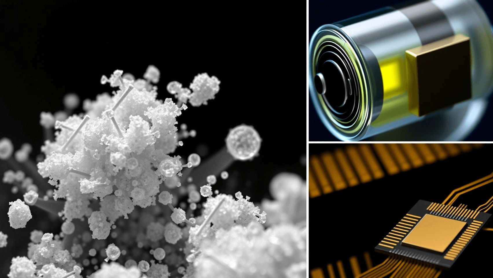 Microscopic view of high-purity zirconia powder alongside images of a solid-state battery cross-section and a semiconductor chip