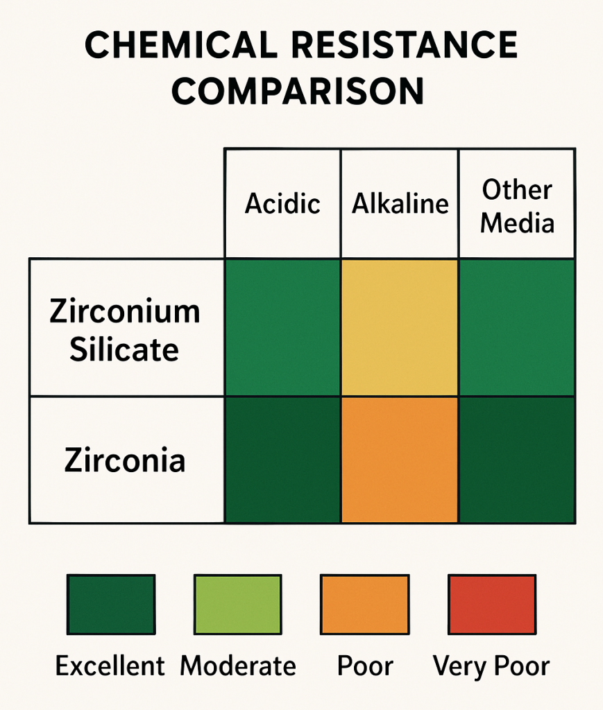 This chart illustrates the relative chemical resistance of both materials across various corrosive environments, using color coding to show performance differences in acids, bases, and other chemical media.