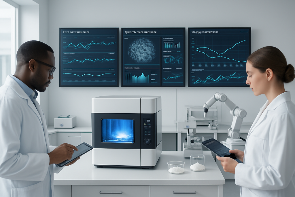 High-efficiency lab setup showcasing microwave reactors and AI-assisted process monitoring used for low-energy zirconium silicate synthesis.