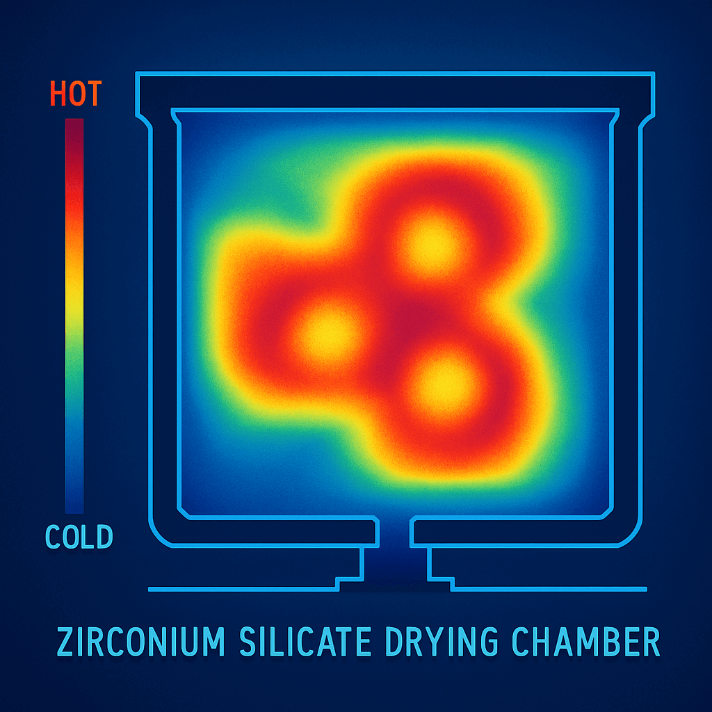 This thermal imaging visualization shows temperature distribution across a dryer chamber, highlighting hot spots and cold zones that can cause inconsistent drying and product defects.