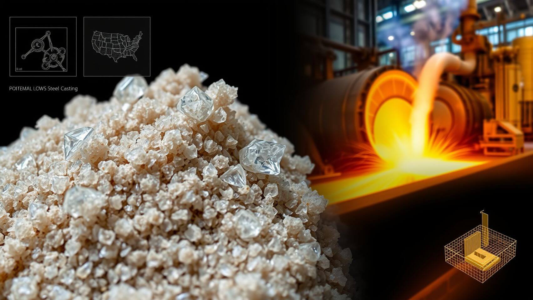 Image of raw zircon sand, a steelmaking ladle with a green glow, and a logistics network graphic