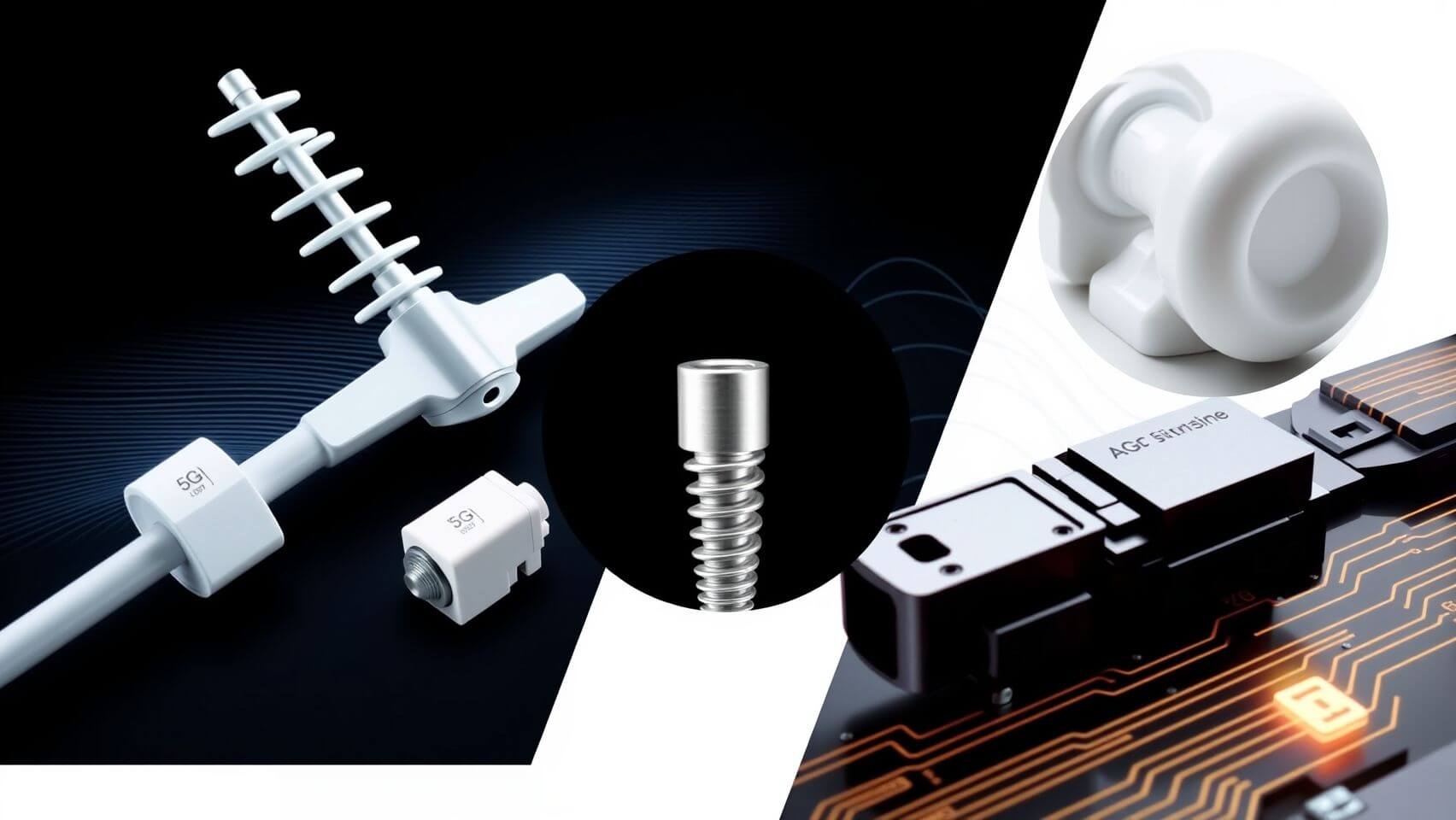 Collage of advanced ceramic components: a 5G antenna part, medical implants, and an automotive sensor component