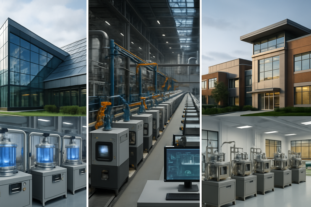 Visual collage showing three international manufacturing plants using new zirconium silicate synthesis methods across different production environments.