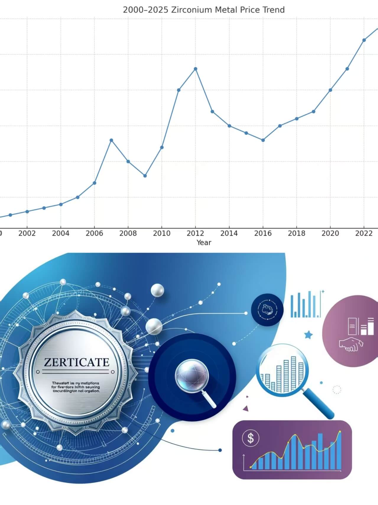 Infographic illustrating key steps in a zirconium buying guide: price management, certifications, and obtaining samples/quotes