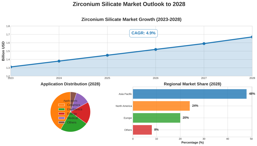 Graphical forecast showing projected zirconium silicate market growth, research trends, and global demand drivers through 2028.