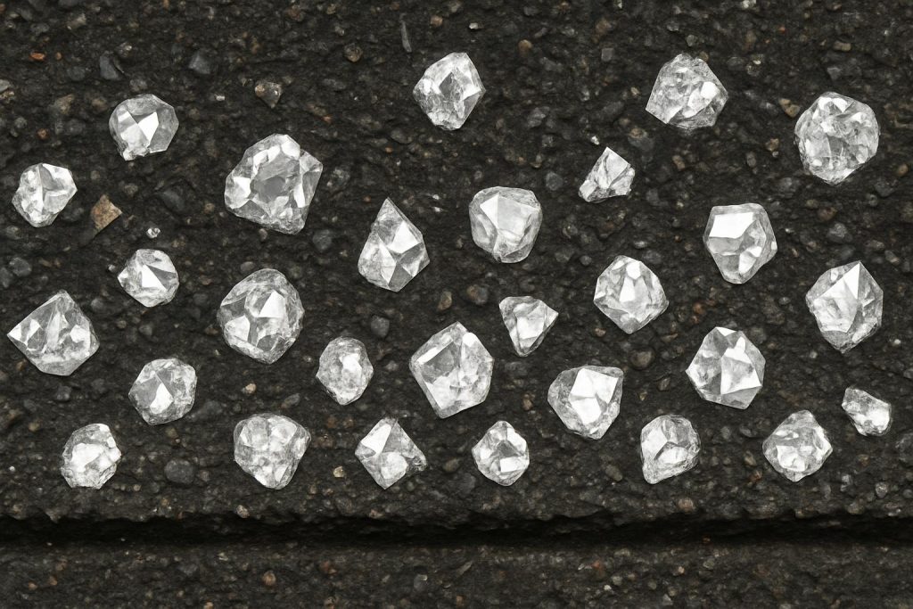 Microscopic view of brake pad material showing zirconium silicate particles (bright crystals) embedded in the friction matrix