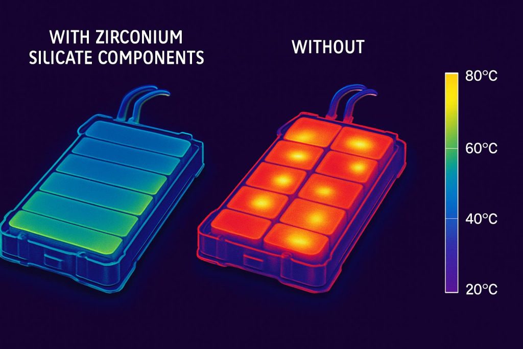 Thermal imaging comparison of battery packs with and without zirconium silicate components, demonstrating superior thermal management