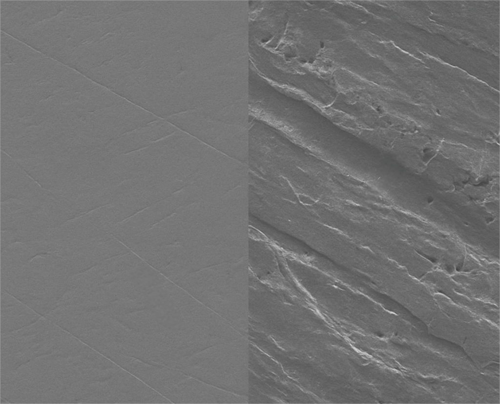 Microscopic comparison of zirconium silicate surface wear resistance (left) versus conventional materials (right) after standardized abrasion testing