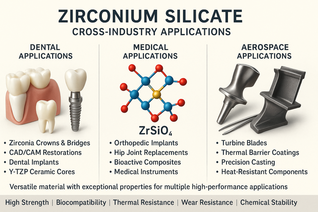 Comprehensive overview of zirconium silicate applications across dental, medical, and aerospace industries showing its versatile properties