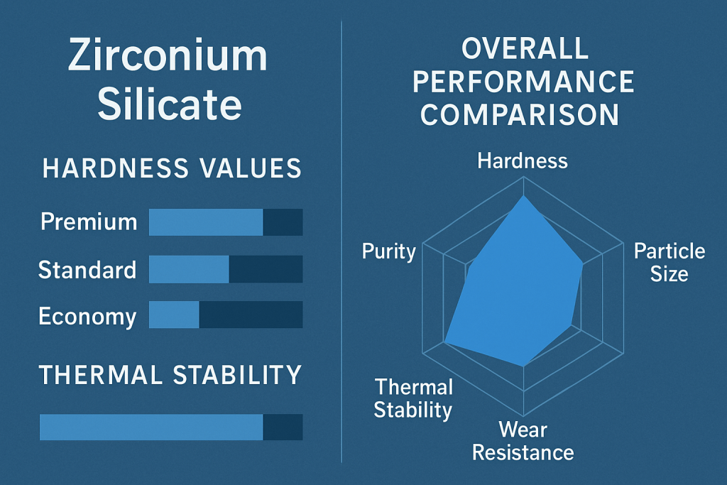 This performance comparison chart illustrates Zirconium Silicate properties across Premium, Standard, and Economy grades. The left side displays hardness values and thermal stability metrics, while the right features a radar chart comparing five key attributes: hardness, purity, particle size, wear resistance, and thermal stability. Premium grade demonstrates superior performance across all measured parameters.