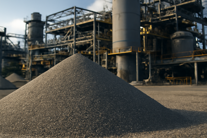 A close-up of processed zircon sand stored at a ceramic-grade mineral facility.