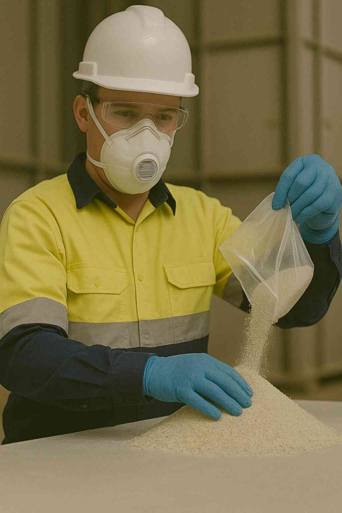 This image shows a worker safely handling zircon sand with protective equipment.