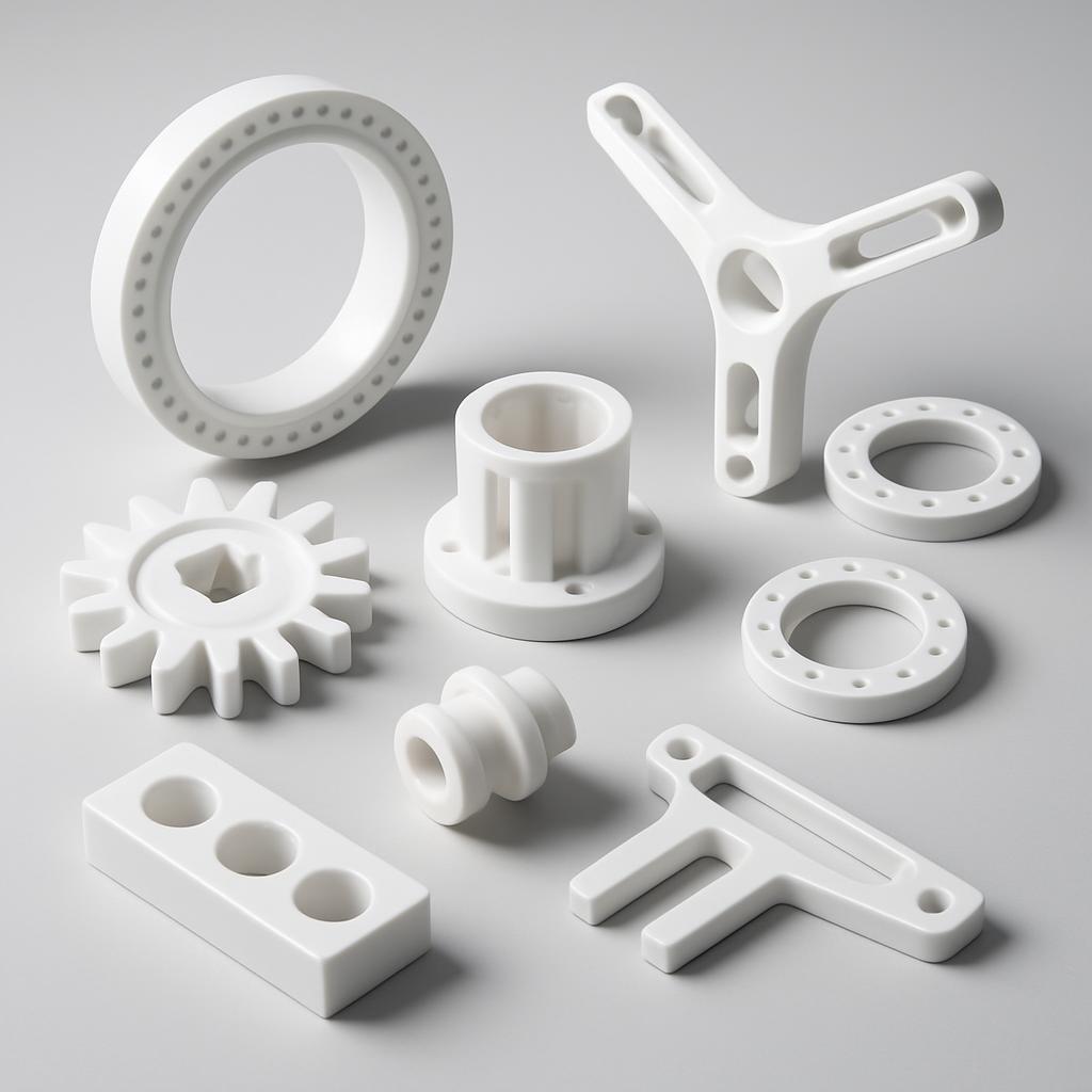 Precision zirconia components for aerospace applications showing complex geometries and tight tolerances