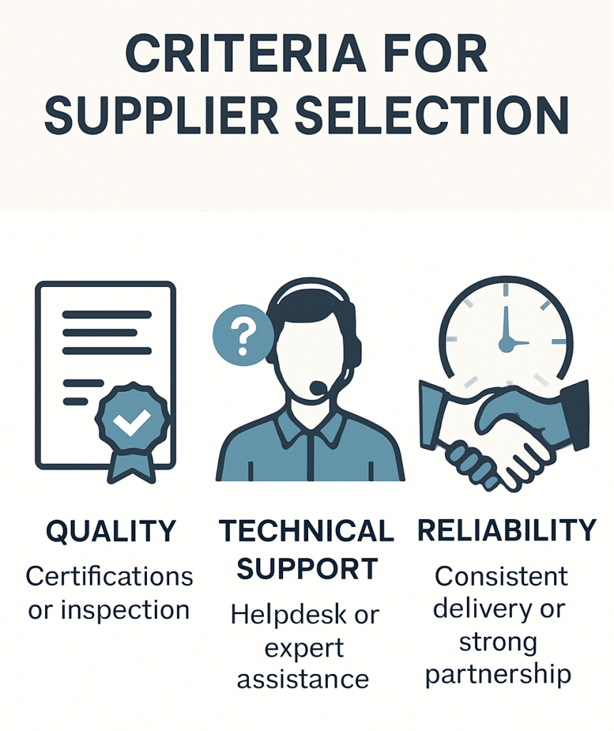Infographic showing key criteria for selecting a zircon powder supplier, such as quality, technical support, reliability