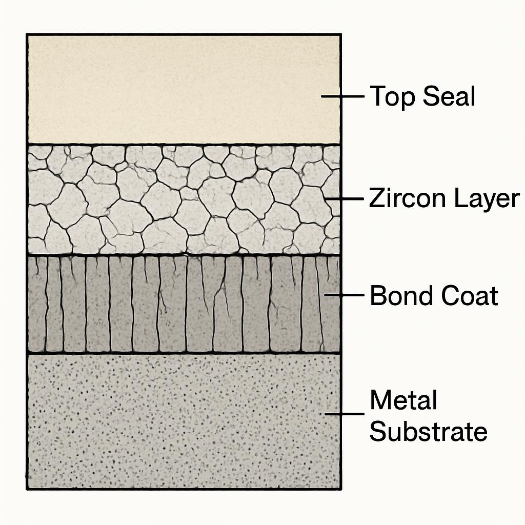Cross-section of an optimized multi-layer zircon coating system showing the engineered structure that enables performance in extreme temperature environments