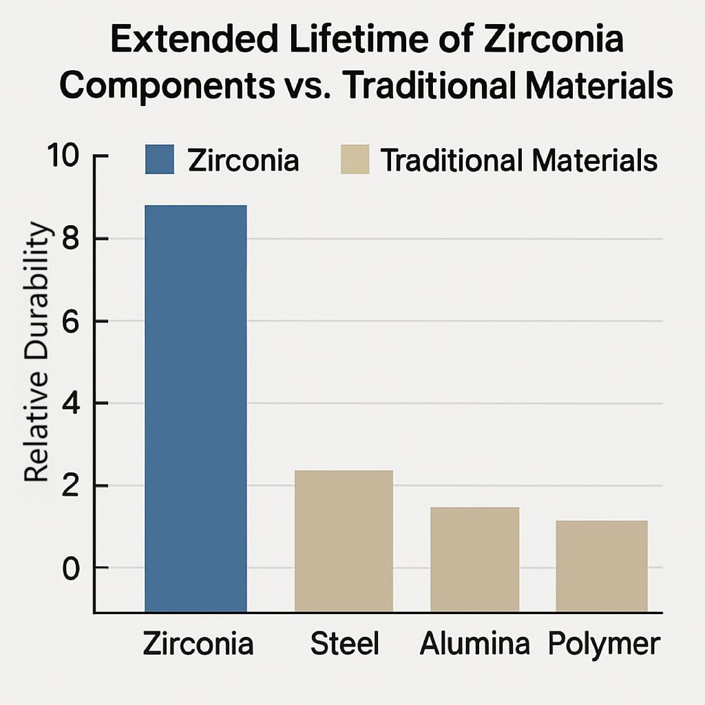 Comparison chart showing the extended lifetime of zirconia components versus traditional materials