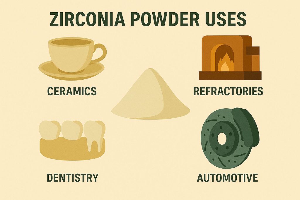 This image illustrates the various applications of zircon powder across different industries, highlighting its versatility and importance.