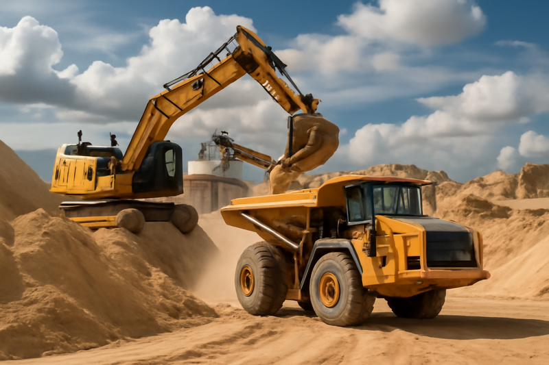 This image highlights the mining and supply chain of zircon powder.