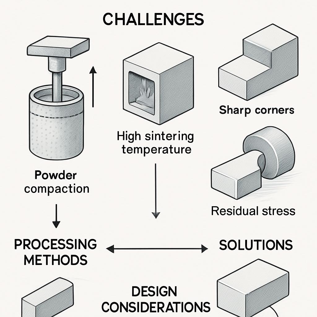 Zirconia material application challenges and solutions diagram showing processing methods and design considerations