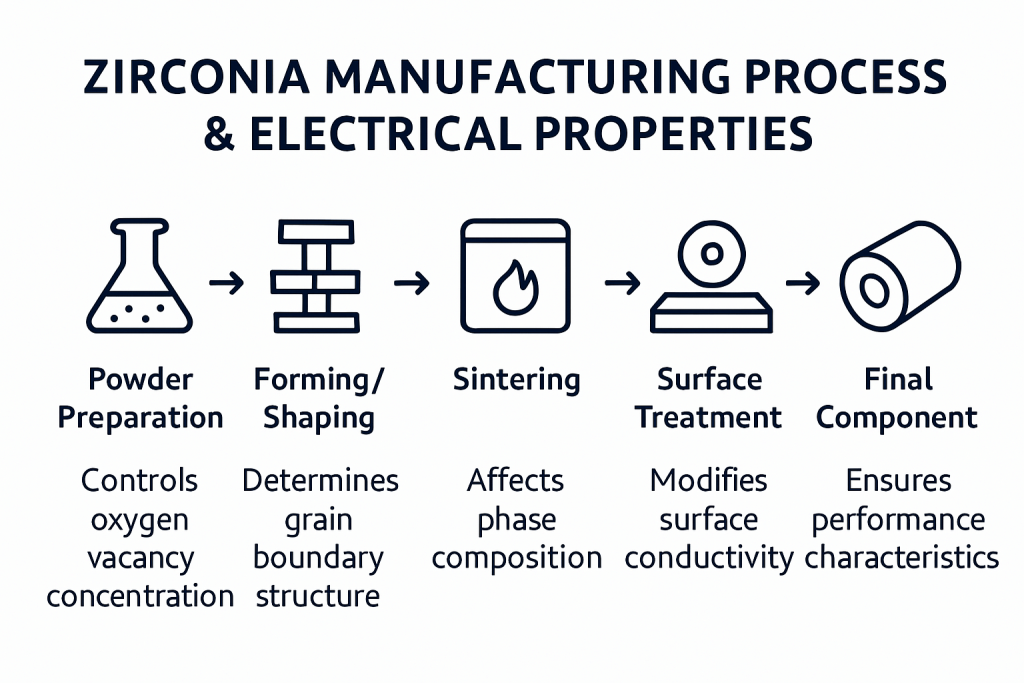 Manufacturing process flow showing how different steps affect zirconia's electrical properties