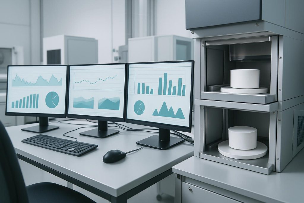 Advanced quality control system showing real-time monitoring of zirconia manufacturing parameters