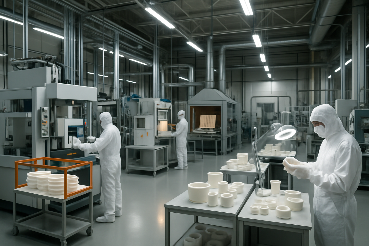 Modern industrial ceramic manufacturing facility showing advanced ceramic production line with sophisticated equipment