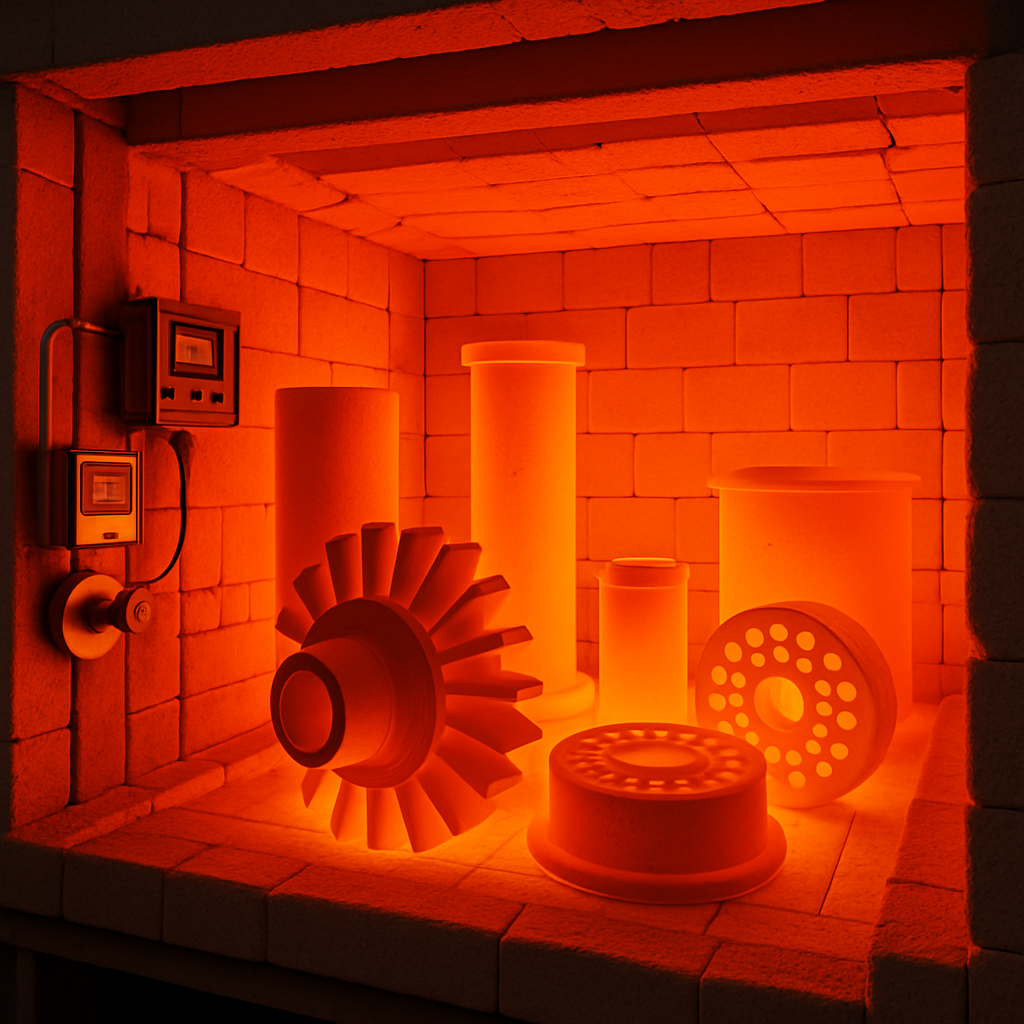 High-temperature industrial furnace interior showing advanced ceramic components made with zircon powder at extreme temperatures