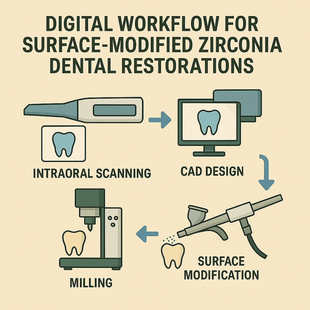 Digital workflow showing design and production of surface-modified zirconia dental restorations