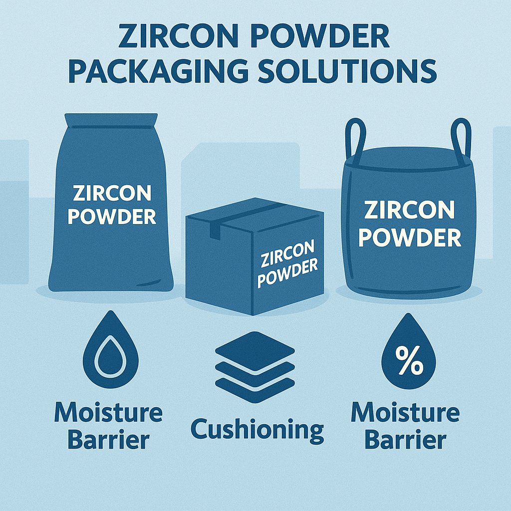 This image illustrates various packaging solutions for zircon powder, highlighting moisture resistance and cushioning methods.