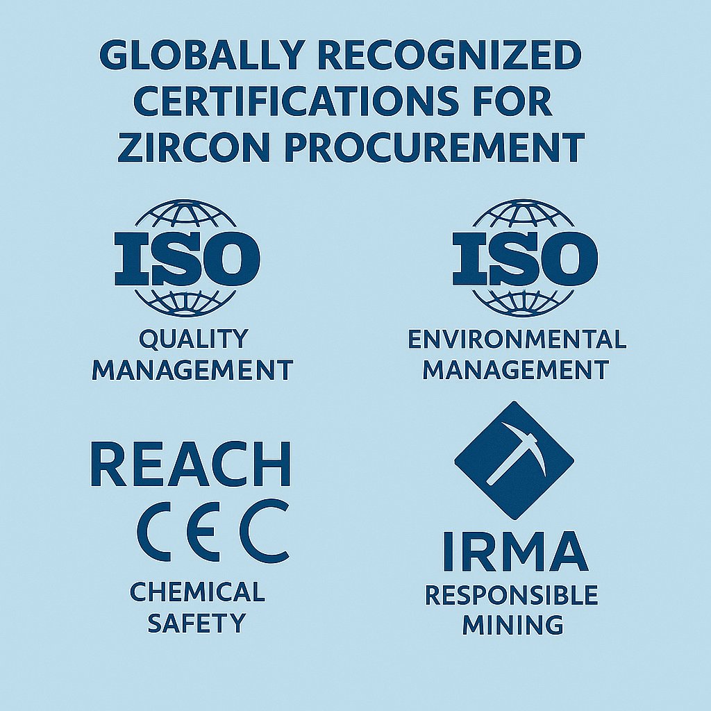 Illustration showcasing globally recognized certifications relevant to zircon procurement, emphasizing quality and sustainability.