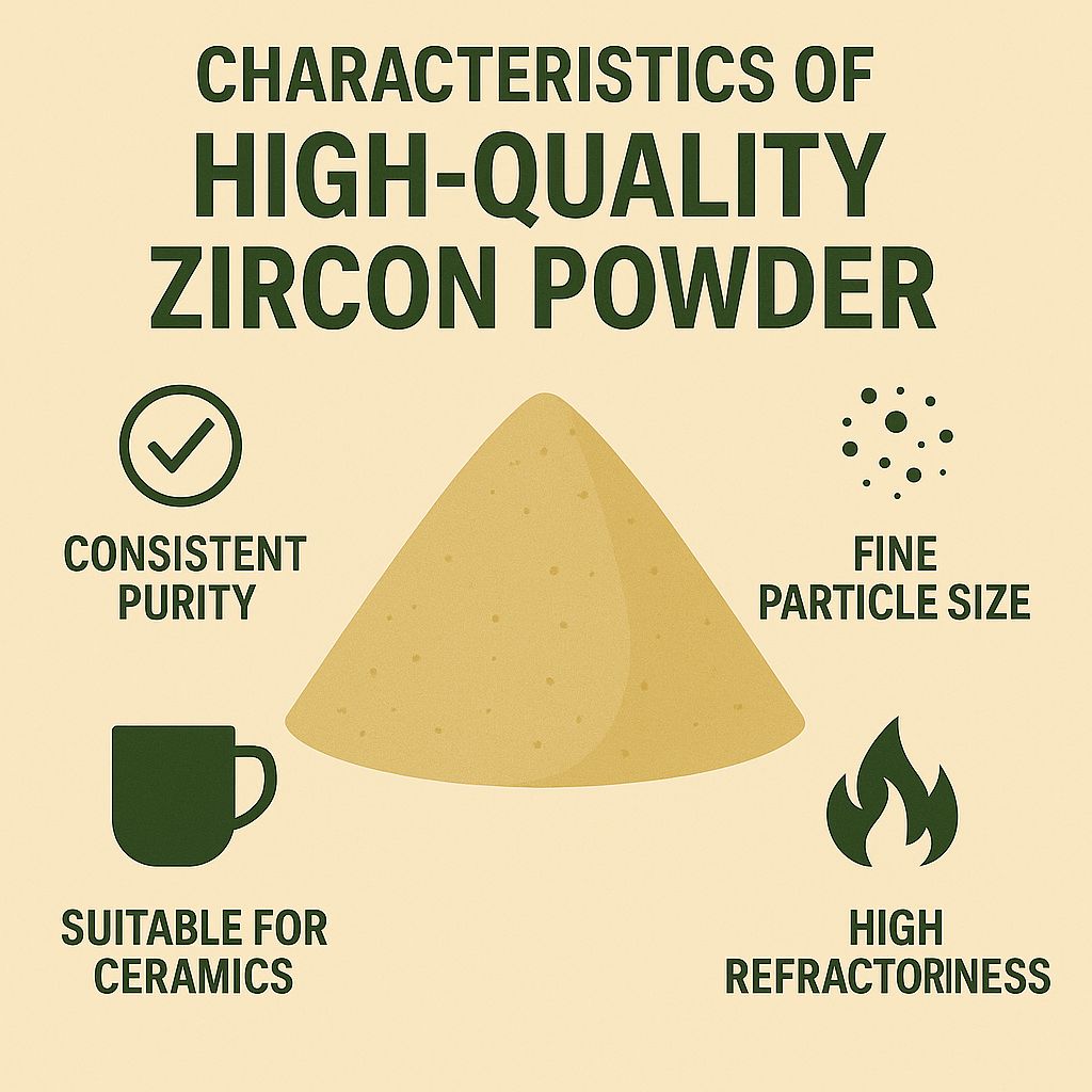This image showcases the characteristics of premium zircon powder grades, emphasizing their quality and applications