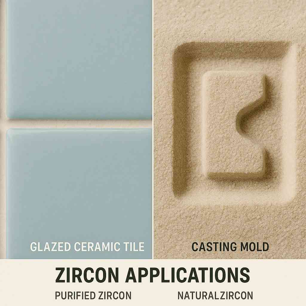 Zircon application comparison showing glazed ceramic tiles for purified zircon and a casting mold for natural zircon.
