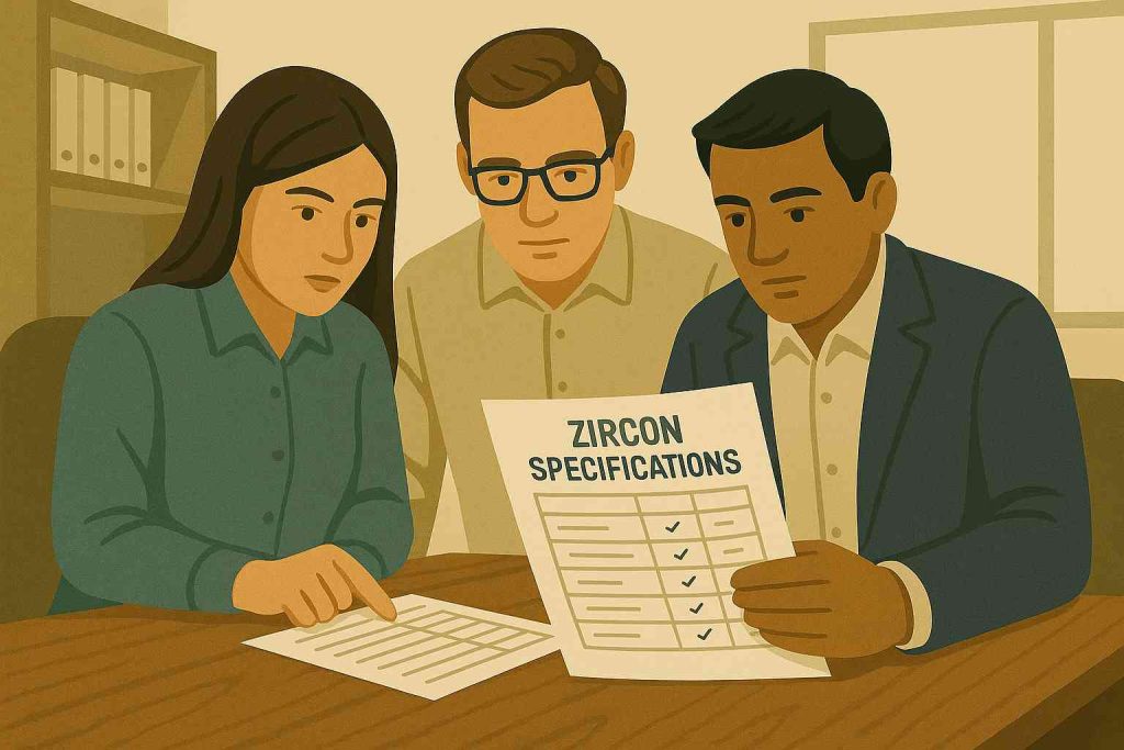 Three professionals reviewing a zircon specification sheet together at a meeting table.
