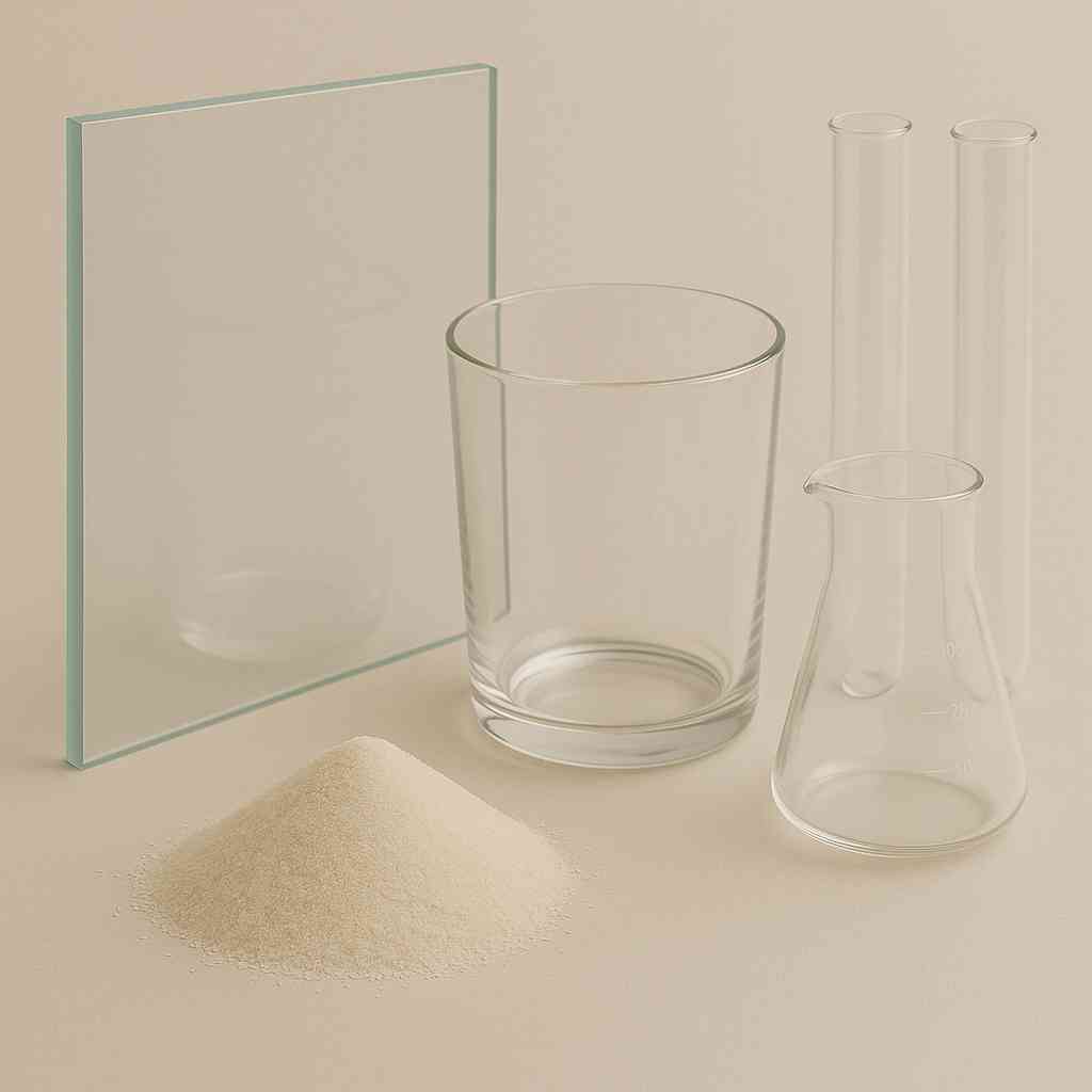 Clean zircon sand displayed with flat glass, glass cup, and lab beakers for clarity comparison