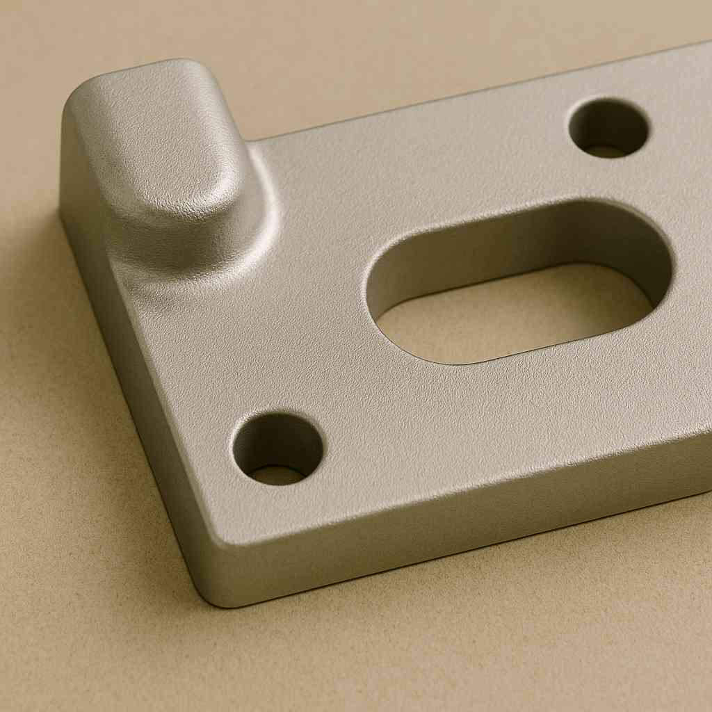 Close-up of a finished metal casting piece showing smooth surface texture and precise edges produced with high-grade zircon sand molds.