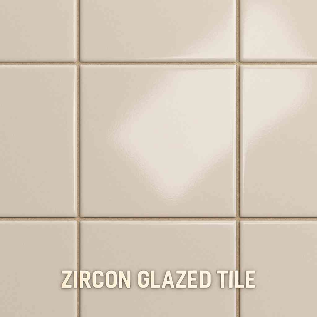 Smooth surface of beige ceramic tiles coated with zircon-based glaze arranged in a clean, uniform grid.