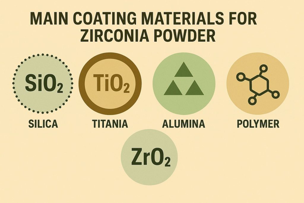 This image illustrates various key materials used in coating zircon powder to enhance its properties.