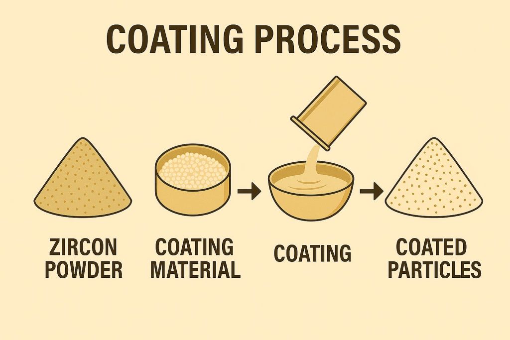 This image depicts the steps involved in the coating application process of zircon powder.